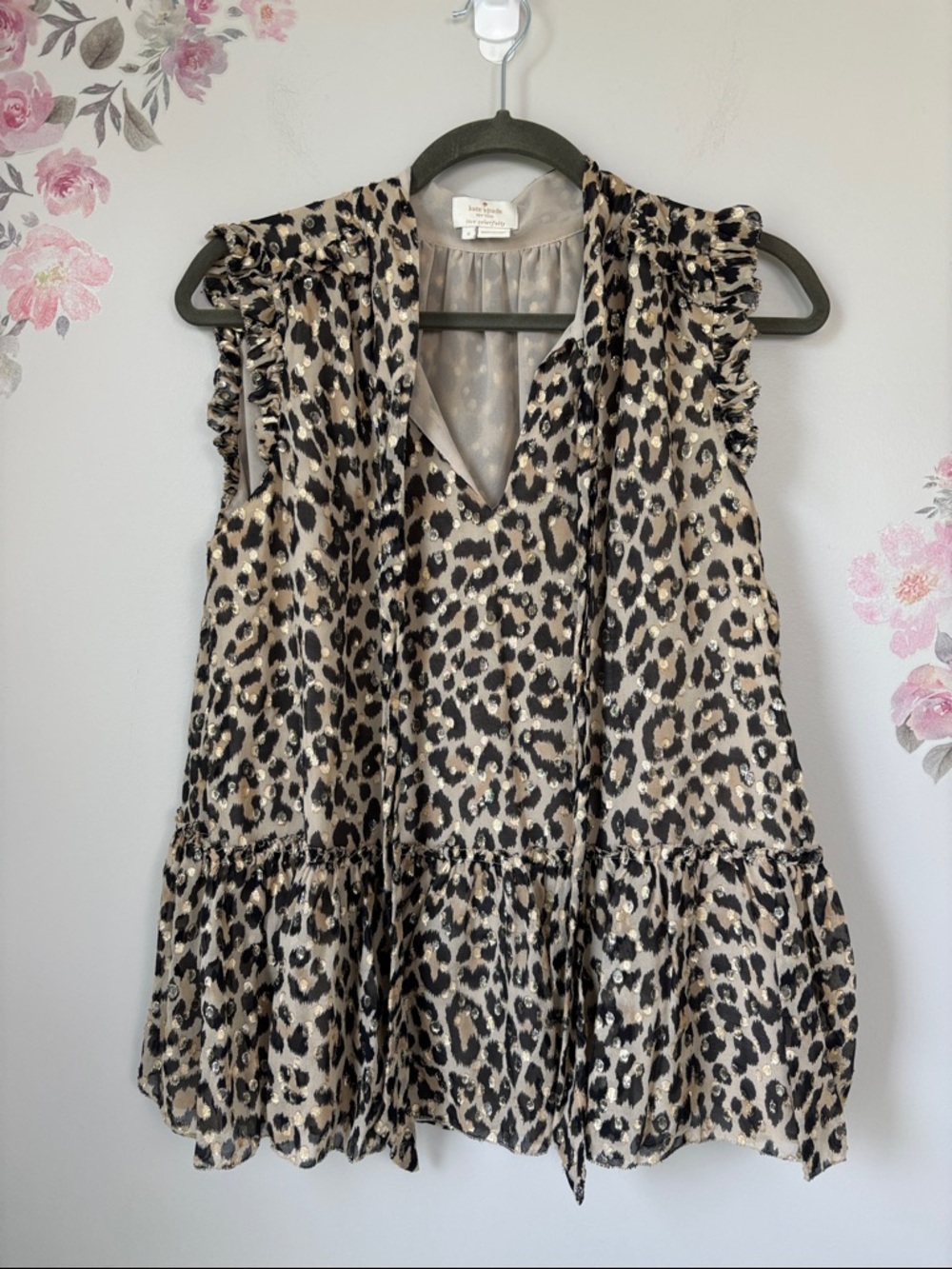 Kate Spade Taupe and Black Leopard Print Ruffle Sleeve V-Neck Top - S